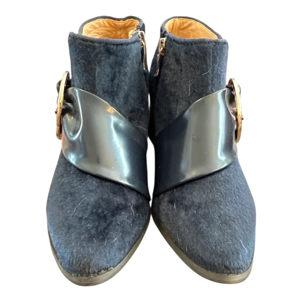 Women's Ankle Boots with Ring Buckle, Navy Blue Suede, Size 7